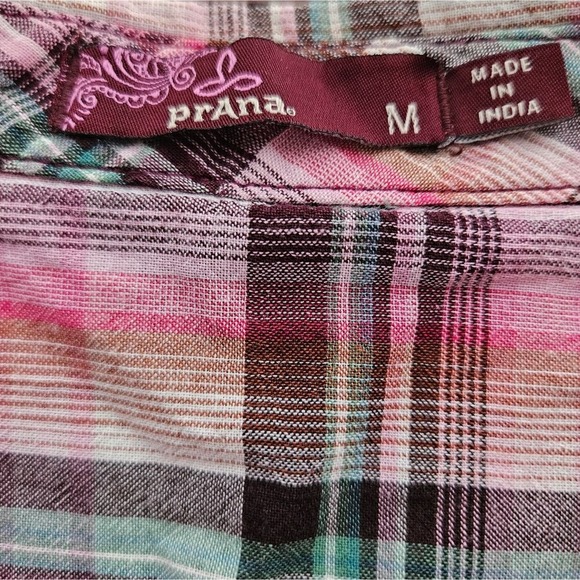 Prana Shirt Women's Medium 100% Organic Cotton Pink Plaid Multi-Color EUC - Picture 4 of 6